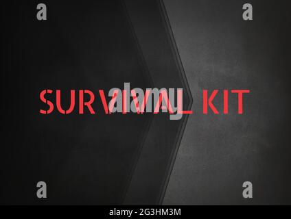 Composition of survival kit text in red over black and dark grey background Stock Photo