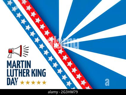 Composition of martin luther king day text, with megaphone, stars, red and blue stripes on white Stock Photo