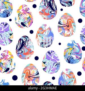 Seamless pattern marble eggs texture. Liquid texture happy easter symbol. Painted pink, lilac, blue gradient egg isolated on white background. Vector Stock Vector