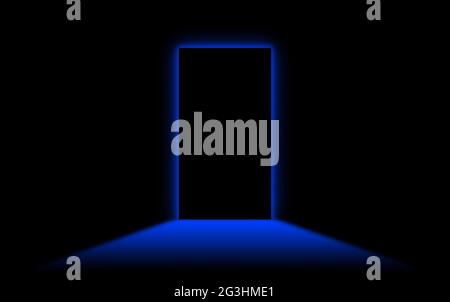 Black door with bright neonlight at the other side Stock Photo