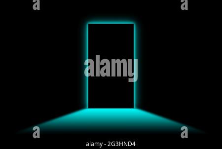 Black door with bright neonlight at the other side Stock Photo