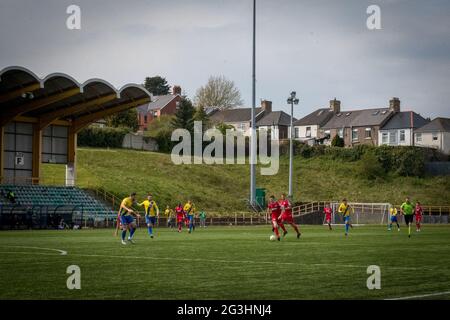 Barry, Wales 01 May 2021. JD Cymru Premier Championship Conference match between Barry Town United and Bala Town, played at Jenner Park. Stock Photo