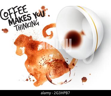 Poster drawn coffee imprint of monkey and inverted cup with spilled coffee, lettering coffee makes you thinking. Stock Vector