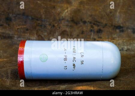 Tear-gas canister used by french riot police, France Stock Photo