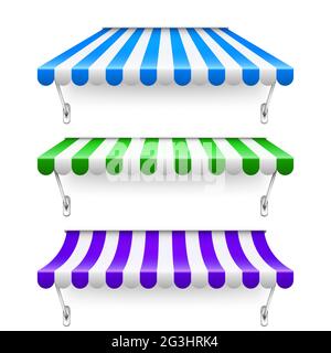 Colorful shop sunshade with metal mount. Realistic striped cafe awning ...