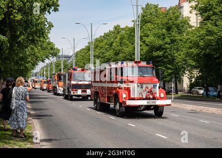Vintage Sisu fire engine at Helsinki City Rescue Department 160th anniversary parade in Munkkiniemi district of Helsinki, Finland Stock Photo