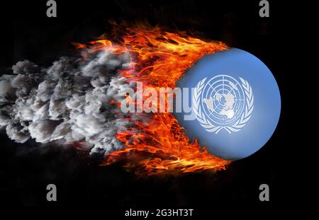 Flag with a trail of fire and smoke - United Nations Stock Photo