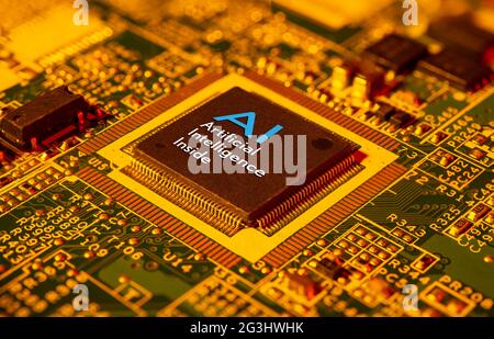 Artificial Intelligence inside concept on computer chip closeup view. Stock Photo