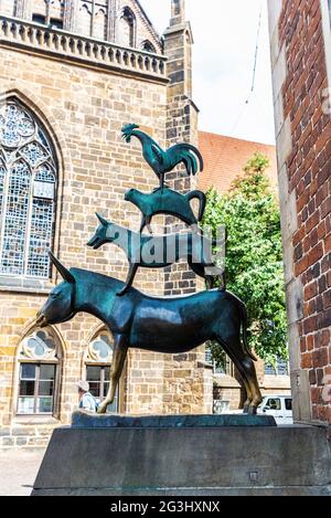 Bronze statue by Gerhard Marcks called Town Musicians of Bremen in the old town of Bremen, Germany Stock Photo