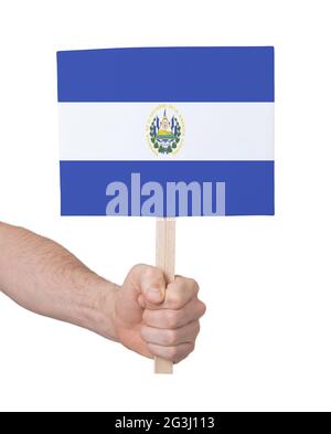 Hand holding small card - Flag of El Salvador Stock Photo