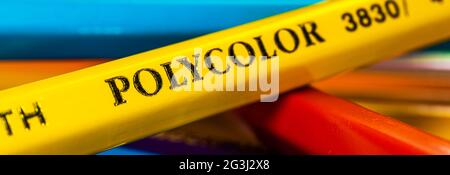 Kharkov, Ukraine - June 15, 2021: Polycolor drawing pencils logo close up Stock Photo