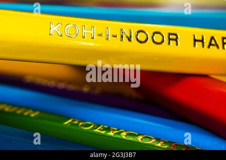 Kharkov, Ukraine - June 15, 2021: Koh-I-Noor drawing pencils art creation concept, logo close up Stock Photo