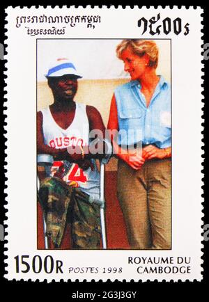 MOSCOW, RUSSIA - APRIL 15, 2021: Postage stamp printed in Cambodia shows Princess Diana, serie, circa 1998 Stock Photo