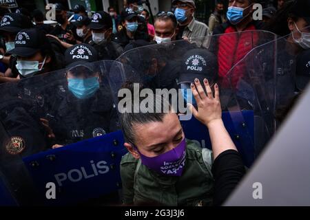 Ankara, Turkey. 16th June, 2021. Police arrests a protester during the demonstration.Turkey withdrew from the Istanbul Convention on March 20, 2021 by the decision of President Recep Tayyip Erdo?an. Women's organizations in Ankara organized an action to protest the withdrawal from the convention. The police intervened due to COVID-19 restrictions. Credit: SOPA Images Limited/Alamy Live News Stock Photo