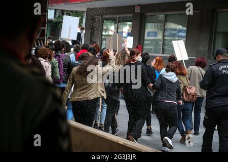 Ankara, Turkey. 16th June, 2021. Protesters being sprayed with tear gas by the police, during the demonstration.Turkey withdrew from the Istanbul Convention on March 20, 2021 by the decision of President Recep Tayyip Erdo?an. Women's organizations in Ankara organized an action to protest the withdrawal from the convention. The police intervened due to COVID-19 restrictions. Credit: SOPA Images Limited/Alamy Live News Stock Photo