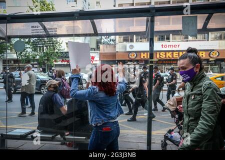 Ankara, Turkey. 16th June, 2021. A protester chanting slogans while gesturing during the demonstration.Turkey withdrew from the Istanbul Convention on March 20, 2021 by the decision of President Recep Tayyip Erdo?an. Women's organizations in Ankara organized an action to protest the withdrawal from the convention. The police intervened due to COVID-19 restrictions. Credit: SOPA Images Limited/Alamy Live News Stock Photo