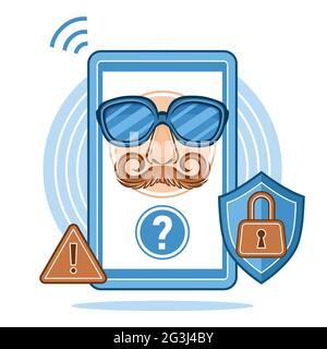 Online privacy, incognito sign. Unknown number phone. Anonymity, private information. Personal data protection. Mask with glasses, mustache. Vector Stock Vector