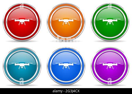 Drone, copter, aerial camera silver metallic glossy icons, set of modern design buttons for web, internet and mobile applications in 6 colors options Stock Photo