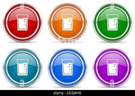 Glass of water silver metallic glossy icons, set of modern design buttons for web, internet and mobile applications in 6 colors options isolated on wh Stock Photo