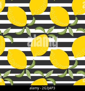 Yellow lemon fruit seamless pattern on white background with black stripes. Vector cartoon illustration. Stock Vector