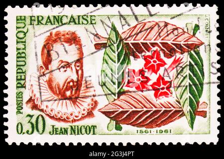 MOSCOW, RUSSIA - APRIL 15, 2021: Postage stamp printed in France shows Tobacco - Jean Nicot 1561, Famous people serie, circa 1961 Stock Photo