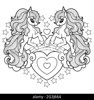 Two cute unicorns. Black and white linear drawing. Vector Stock Vector