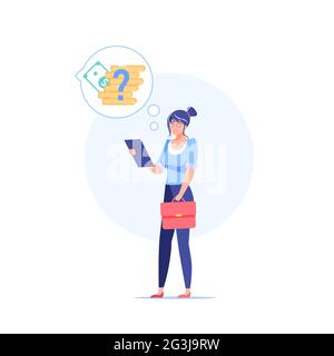 Flat cartoon woman character thinks of finances,money management vector illustration concept Stock Vector