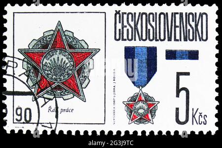 MOSCOW, RUSSIA - APRIL 17, 2021: Postage stamp printed in Czechoslovakia shows Order of Labor, Czechoslovak State Decorations serie, circa 1987 Stock Photo