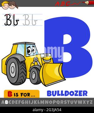Educational cartoon illustration of letter B from alphabet with bulldozer vehicle character Stock Vector