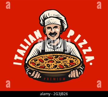 Chef with italian freshly baked pizza. Restaurant logo vector illustration Stock Vector