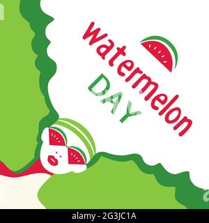 Watermelon Day poster. Fancy Hand drawn cartoon design element. Beautiful young woman with red watermelon sunglasses retro pop art style Stock Vector