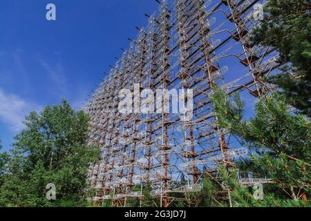 Former military Duga radar system near ghost town Pripyat in Chernobyl Exclusion Zone, Ukraine Stock Photo