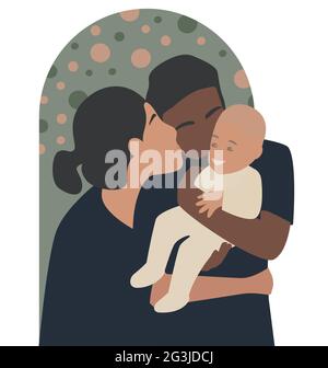Happy multi-ethnic family portrait. Patents with their baby. Dad holding the kid. Mom hugs her family and kisses her husband. Isolated vector Stock Vector