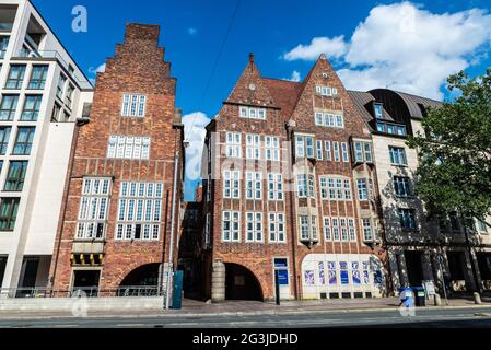 Bremen, Germany - August 19, 2019: Robinson-Crusoe-Haus and Haus Atlantis (Martinistraße) in Böttcherstraße, Bremen, Germany Stock Photo