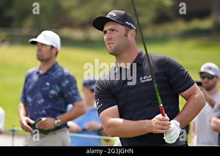 San Diego, United States. 16th June, 2021. Jon Rahm, tees off during practice day at the 121st US Open Championship at Torrey Pines Golf Course in San Diego, California on Wednesday, June 16, 2021. Photo by Richard Ellis/UPI Credit: UPI/Alamy Live News Stock Photo