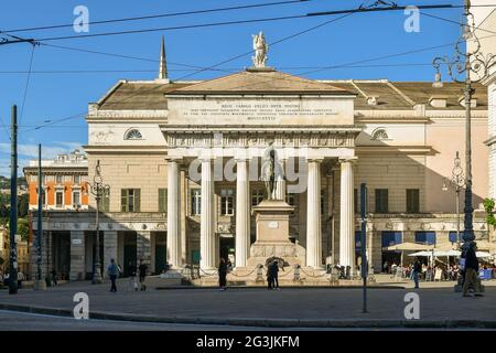 Façade of the Carlo Felice Theatre in the city center with the equestrian statue of Giuseppe Garibaldi, Genoa, Liguria, Italy Stock Photo