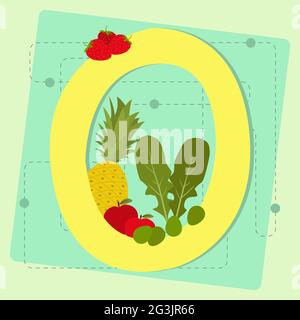 Letter 'o' from stylized alphabet with fruits and vegetables: carrots, strawberry, grape Stock Vector