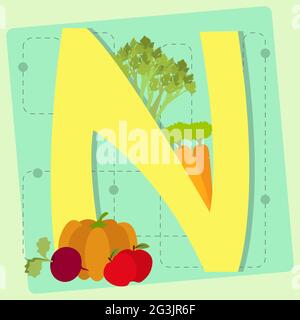 Letter 'n' from stylized alphabet with fruits and vegetables: carrot, beet, apple, pumpkin, celery Stock Vector