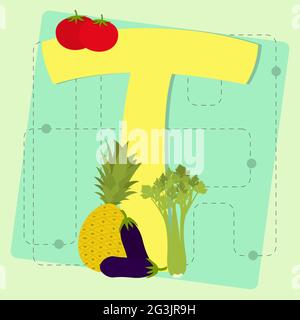 Letter 't' from stylized alphabet with fruits and vegetables: eggplant, pineapple, tomato, celery Stock Vector