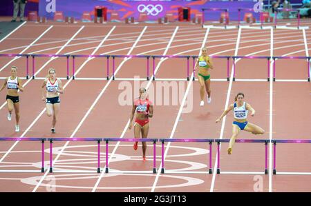 LONDON, ENGLAND - AUGUST 5, T’erea Brown of the Unites States and Zuzana Hejnova of the Czech Republic  in the women’s 400m hurdles during the evening session of athletics at the Olympic Stadium  on August 5, 2012 in London, England Photo by Roger Sedres / Gallo Images Stock Photo