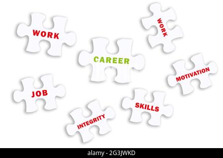 Illustration of white career-related words on white puzzles on white background Stock Photo