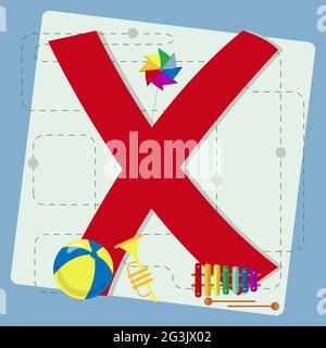 Letter "x" from stylized alphabet with children's: xylophone, instrument, toy horn, ball, pinwheel Stock Vector