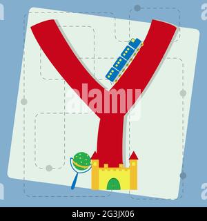 Letter "y" from stylized alphabet with children's: toy train, toy castle, rattle Stock Vector