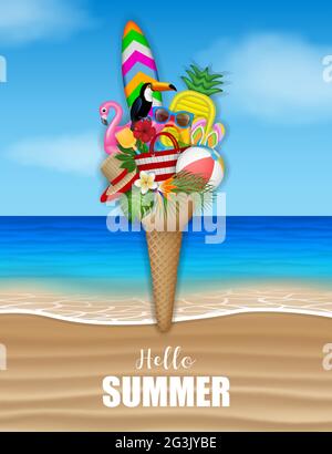 Hello summer poster with beach elements in ice cream shape on beach background Stock Vector