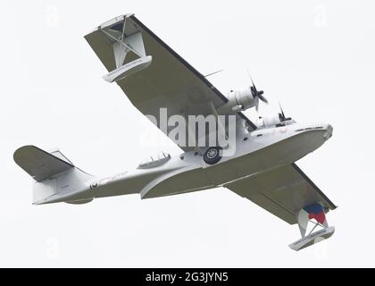 LEEUWARDEN, NETHERLANDS - JUNE 11: Consolidated PBY Catalina in Dutch Navy colors flying at the Royal Netherlands Air Force Days Stock Photo