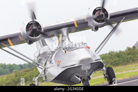 LEEUWARDEN, NETHERLANDS - JUNE 11: Consolidated PBY Catalina in Dutch Navy colors flying at the Royal Netherlands Air Force Days Stock Photo