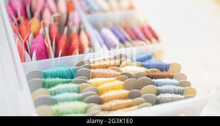 Set of multi-colored cotton threads in the plastic box prepare for handmade embroidering cotton art. Stock Photo