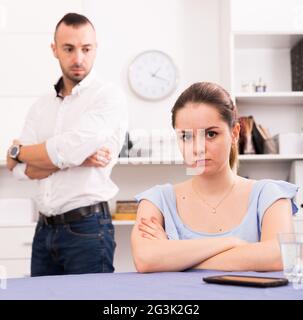 Sad female is depressing and husband is supporting her Stock Photo