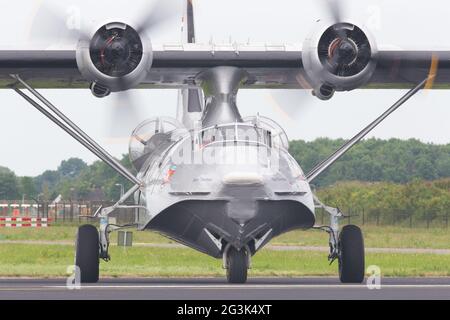 LEEUWARDEN, NETHERLANDS - JUNE 11: Consolidated PBY Catalina in Dutch Navy colors flying at the Royal Netherlands Air Force Days Stock Photo