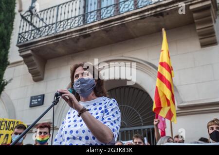 Elisenda Paluzie, president of the Catalan National Assembly (ANC) speaks to protesters during the demonstration.Hundreds of people have demonstrated in Badalona, a city next to Barcelona in solidarity with Marcel Vivet, who has been sentenced to five years in prison for the incidents that occurred in a Catalan independence demonstration in September 2018 in Barcelona against an act of the police union, Jusapol (Police Salary Justice). Vivet has been tried for a crime of public disorder and attack against an agent of the authority. The demonstration was attended by Dolors Sabater, Deputy of th Stock Photo